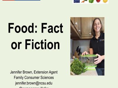 Title "Food: Fact or Fiction" with presenter Jennifer Brown holding a salad spinner