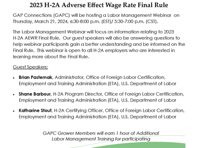 GAP Connections webinar: 2023 H-2A Adverse Effect Wage Rate Final Rule, Mar 21 2024 6:30–8 p.m. EST