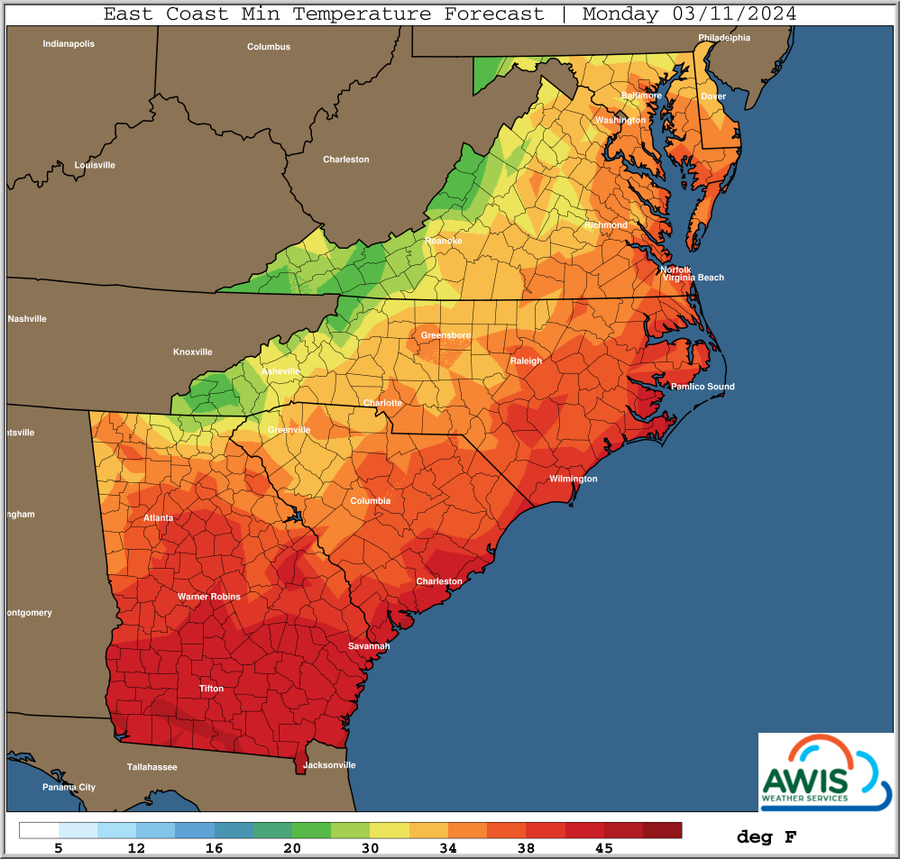 East Coast Min Temperature Forecast, Monday 03/11/2024