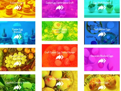 Grid of colorful Easter egg craft thumbnails with white arrow icons and text labels