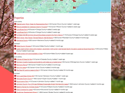 Map and property listings under header "NC FARMLINK FARM OPPORTUNITIES"