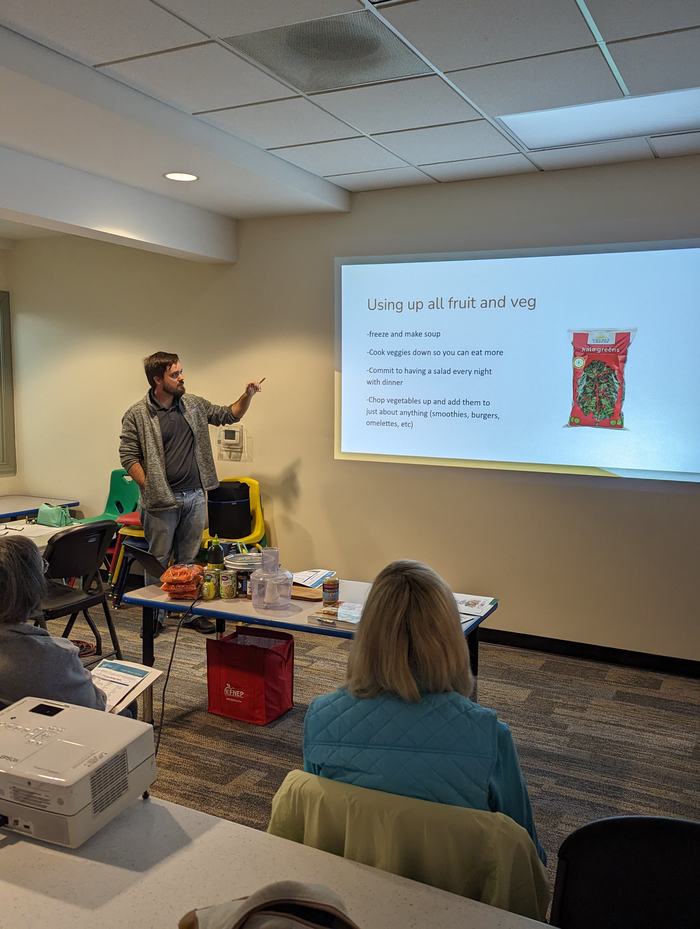 Avery Ashley teach the class to use up all fruit and vegetables in salads. 