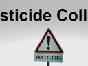 Person in gloves holding red pesticide spray bottle; text "Pesticide Collection Day" and warning sign
