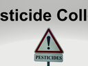 Person in gloves holding red pesticide spray bottle; text "Pesticide Collection Day" and warning sign