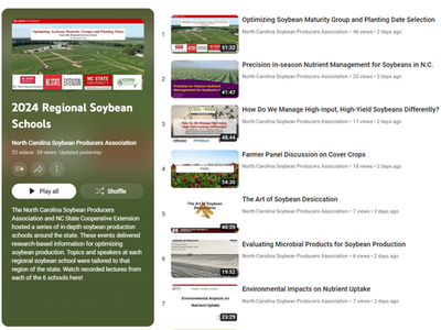 2024 Regional Soybean Schools playlist page with numbered videos by NC Soybean Producers Assoc.