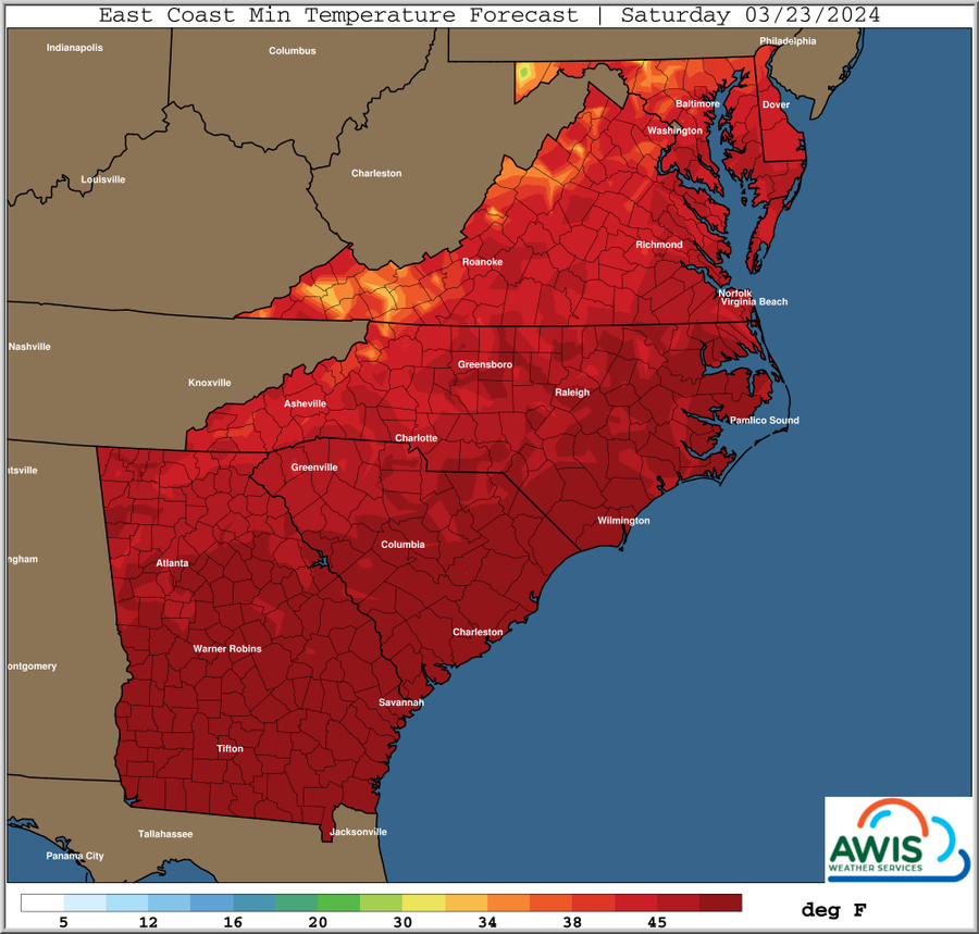 East Coast Min Temperature Forecast, Saturday 03/23/2024