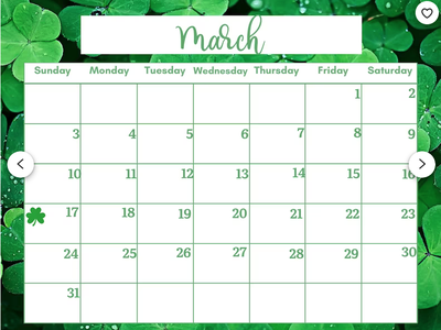 March calendar with monthly grid over clover background, weekday headers and shamrock on 17