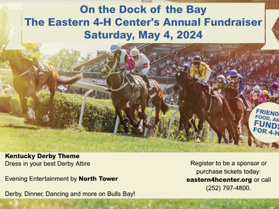 Horse race with banner: On the Dock of the Bay, Eastern 4‑H Center fundraiser, May 4, 2024