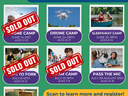 4-H SUMMER CAMPS poster listing camps, dates, ages; "OPPORTUNITIES FOR EVERYONE!!" and "SOLD OUT" labels