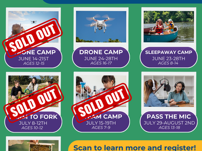 4-H SUMMER CAMPS poster listing camps, dates, ages; "OPPORTUNITIES FOR EVERYONE!!" and "SOLD OUT" labels