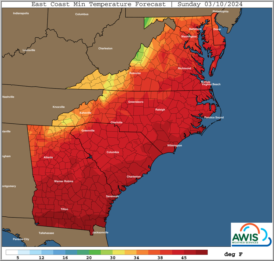East Coast Min Temperature Forecast, Sunday 03/10/2024