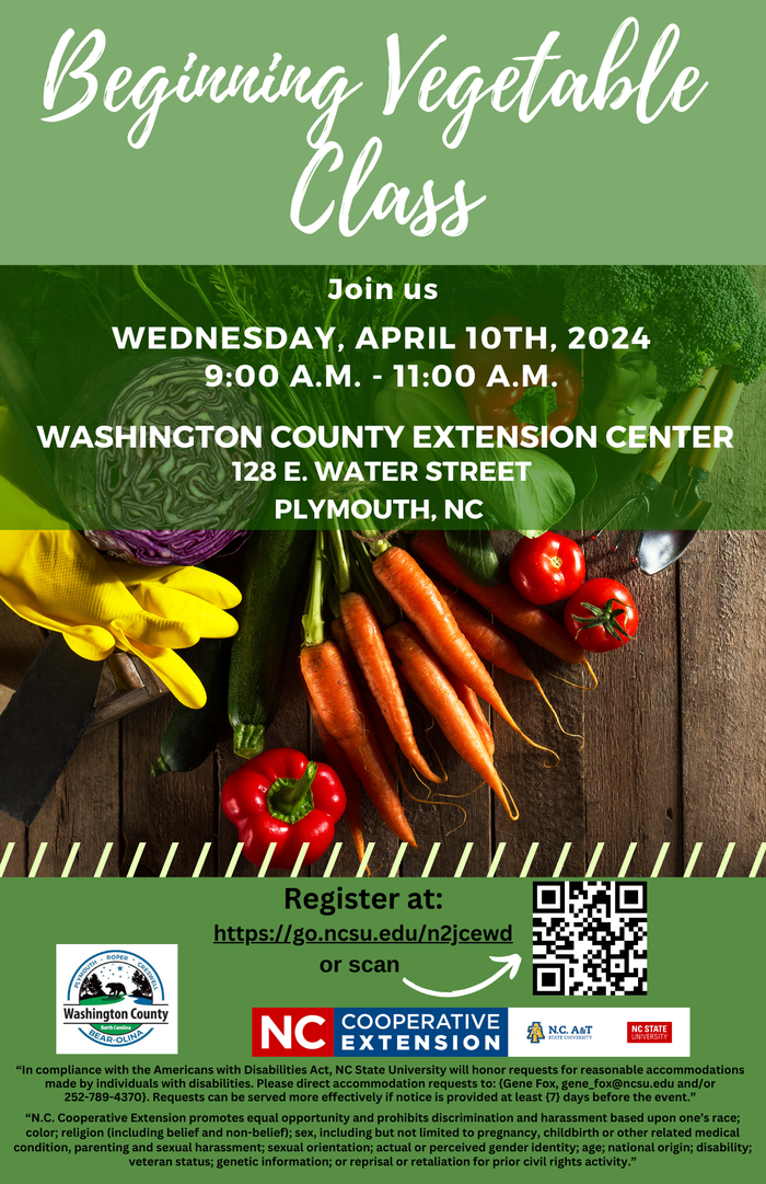 Fresh cut vegetables on a green flyer advertising a beginning vegetable class.