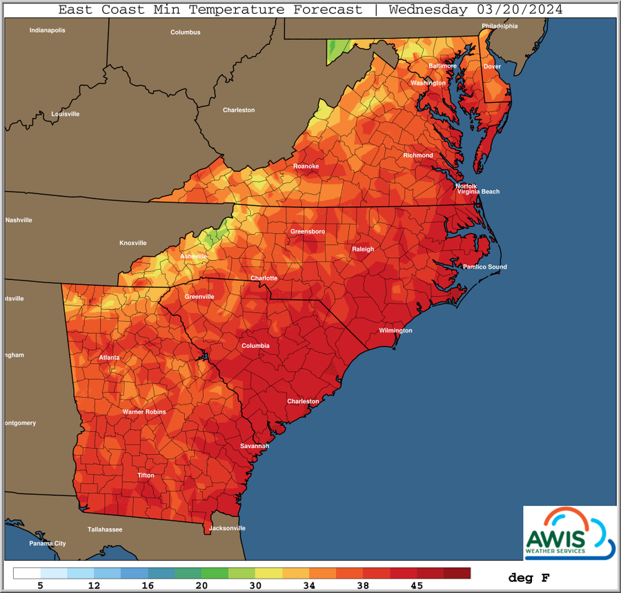 East Coast Min Temperature Forecast, Wednesday 03/20/2024