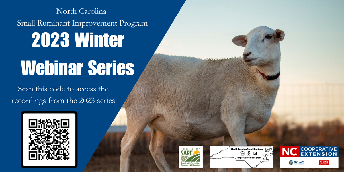 Sheep at right; blue panel reading "2023 Winter Webinar Series" with QR code.