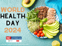Bowl of salad with sliced avocado, chicken, quinoa and tomatoes; text "WORLD HEALTH DAY 2024"