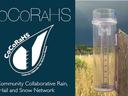 CoCoRaHS logo and "The Community Collaborative Rain, Hail and Snow Network"; rain gauge on fence