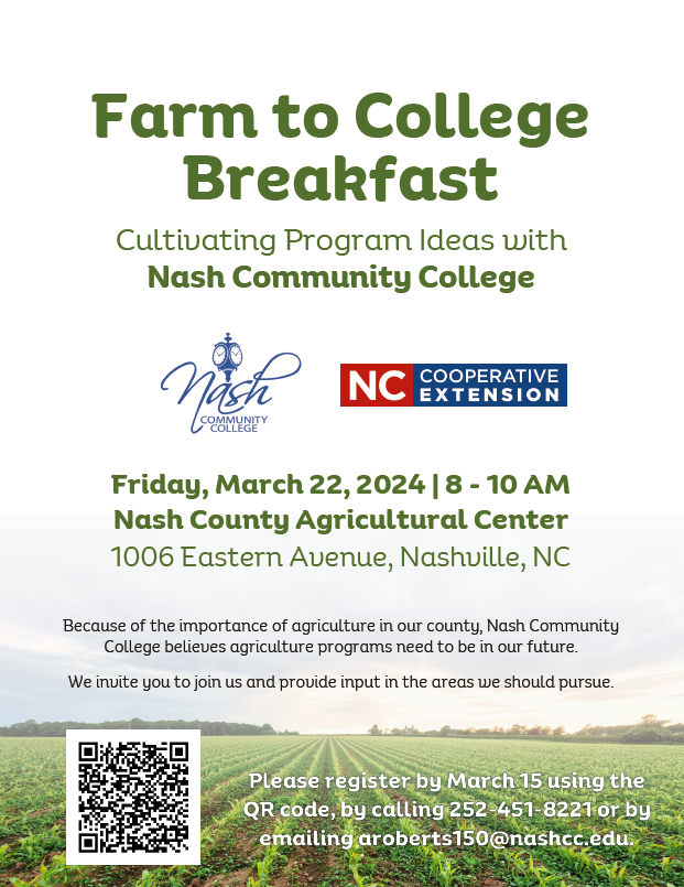 FARM TO COLLEGE BREAKFAST ADVERTISEMENT FLYER MARCH 22 AT NASH AG CENTER AT 8 AM