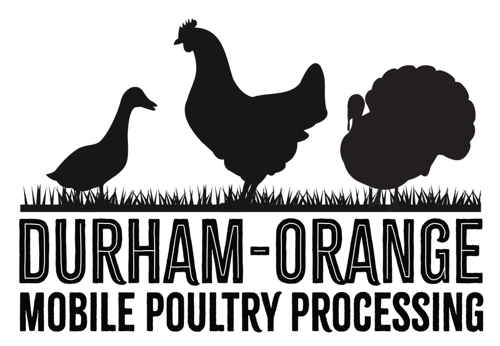 Silhouettes of duck, chicken, and turkey on grass above text "DURHAM-ORANGE MOBILE POULTRY PROCESSING"