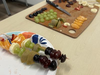 Fruit Skewers being prepared.