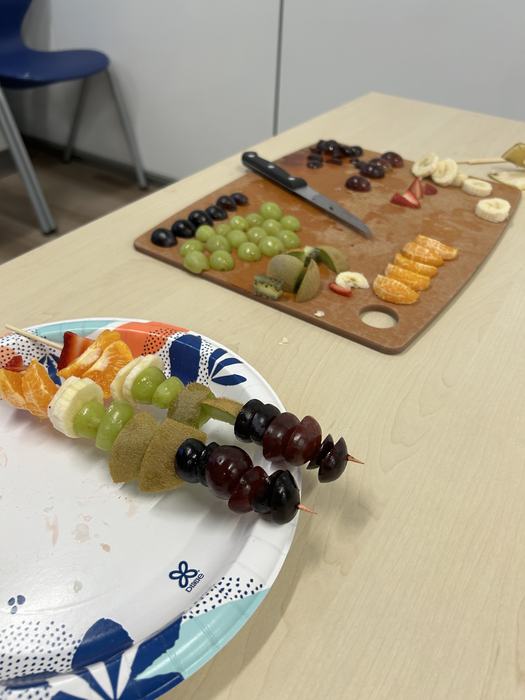 Fruit Skewers being prepared.