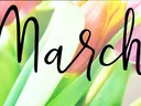 Yellow and pink tulips with the word "March" overlaid across the center