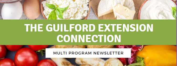 Banner: 'THE GUILFORD EXTENSION CONNECTION' over tomatoes, eggs, cheese; 'MULTI PROGRAM NEWSLETTER'