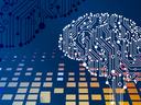 Stylized white circuit-board brain over colorful grid and circuit lines