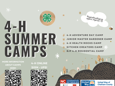 4-H Summer Camps flyer listing camp names; registrations open April 15; two QR codes