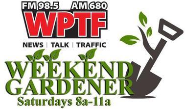 WPTF FM 98.5 AM 680 with shovel and seedling; "WEEKEND GARDENER Saturdays 8a-11a"