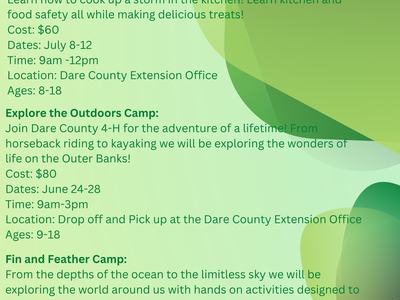 Dare County Summer Adventures flyer: Kids Cooking, Outdoors, Fin & Feather camps; dates, costs, ages
