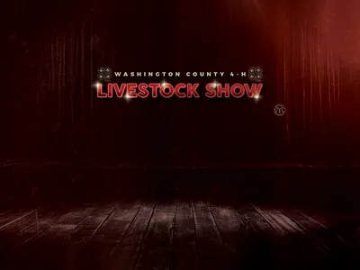 Stage with red curtains and red letters