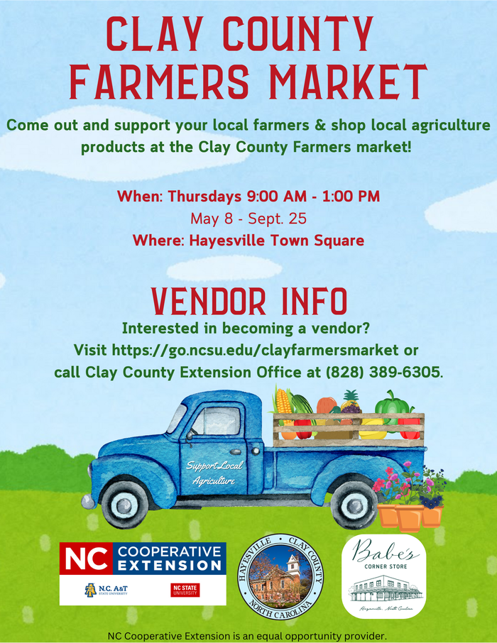 Clay County Farmers Market flyer: Thursdays 9 AM–1 PM, May 8–Sept 25 at Hayesville Town Square.