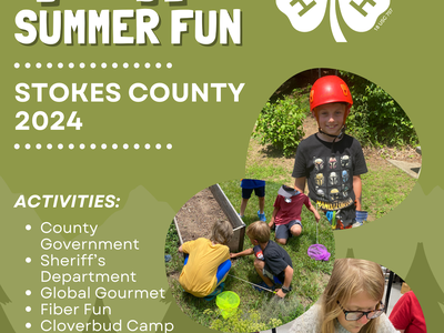 4-H Summer Fun Stokes County 2024 flyer showing children doing outdoor and craft activities