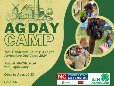 AG DAY CAMP flyer — Henderson County 4‑H, Aug 5–9 2024, 9am–4pm, ages 10–13, $40