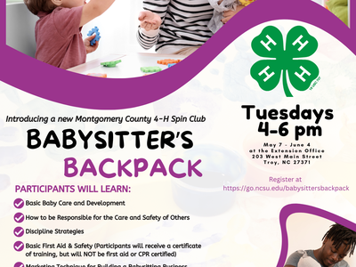 Babysitter's Backpack: caregiver with two toddlers; Tuesdays 4–6 pm; go.ncsu.edu/babysittersbackpack