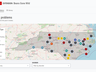 NC STATE EXTENSION "Beans Gone Wild" map showing recent problems across North Carolina with disorder legend