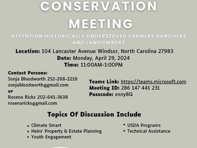 Equity in Conservation Meeting — Apr 29, 2024, 11AM–1PM; 104 Lancaster Ave, Windsor NC