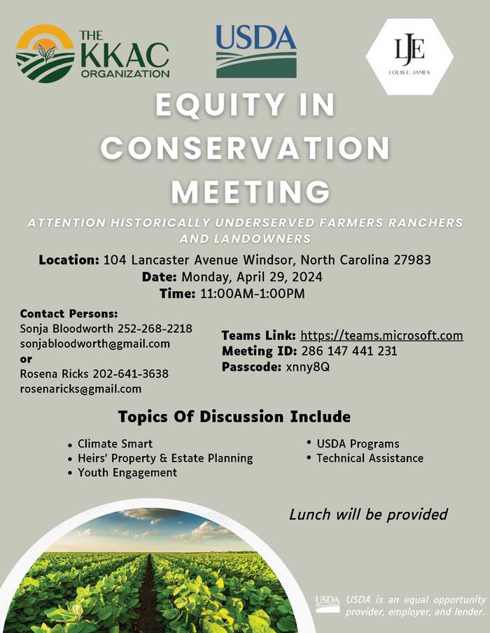 Equity in Conservation Meeting — Apr 29, 2024, 11AM–1PM; 104 Lancaster Ave, Windsor NC