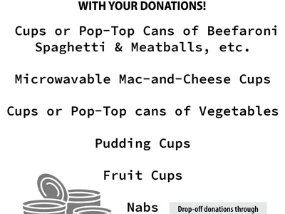 Community Cares Food Drive flier donations request and donation drop-off location information