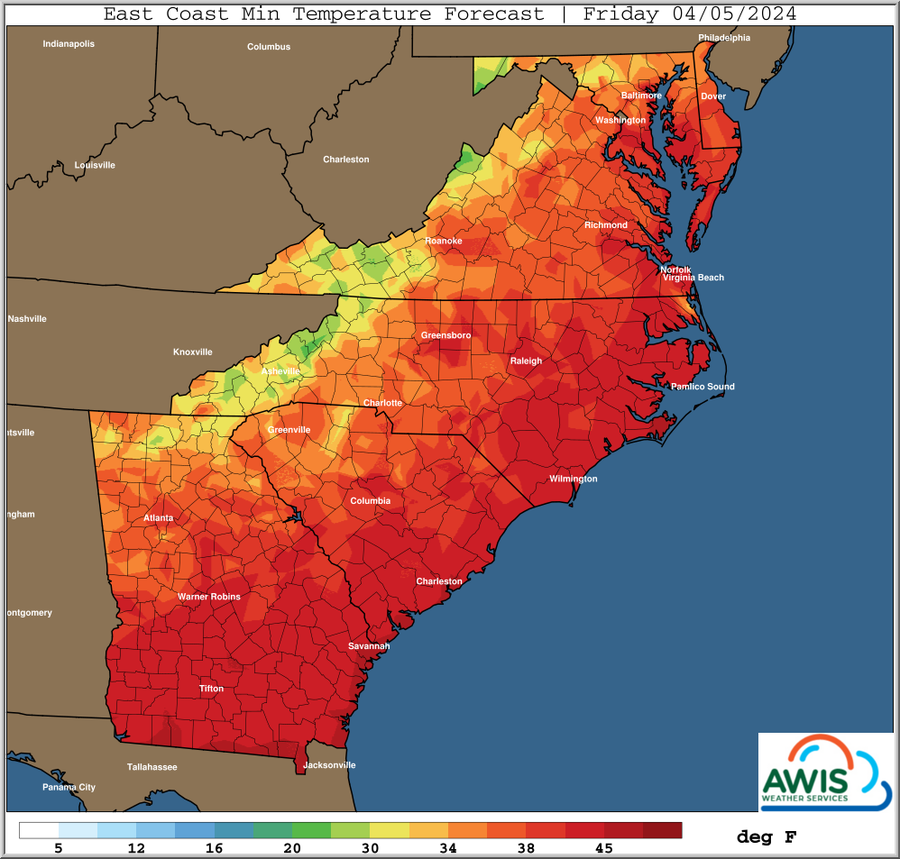 East Coast Min temperature Forecast Friday 04/05/2024