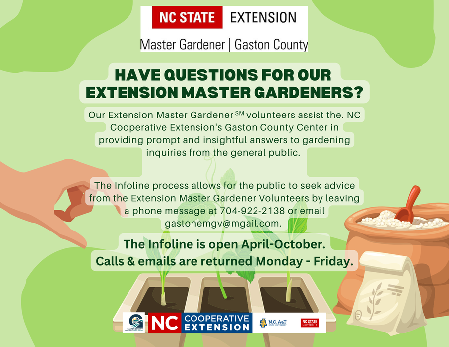 Our Extension Master Gardener volunteers assist the Cooperative Extenion's Gaston County Center in providing prompt and insightful answers to gardening inquires from the general public.