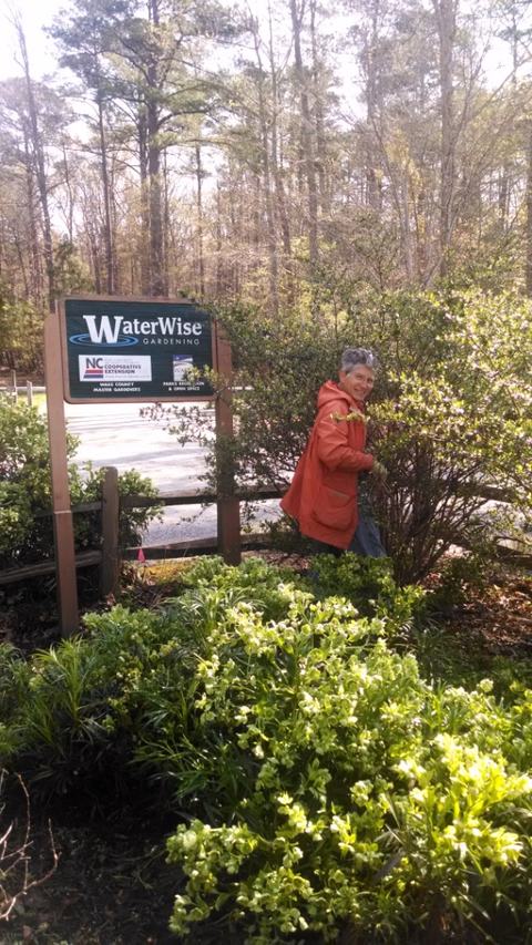 Person in orange jacket pruning shrubs beside a "WaterWise Gardening" sign