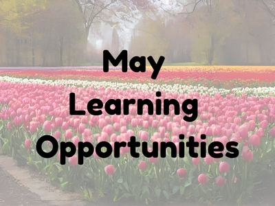 Field of blooming tulips with words "May Learning Opportunities"