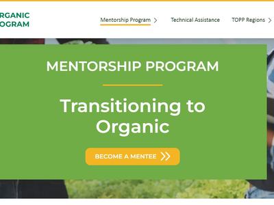 Mentorship Program banner reading "Transitioning to Organic" with "Become a Mentee" button