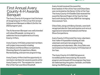 Avery County 4-H newsletter April 2024 header with 4‑H clover and awards banquet article