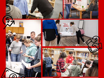 Students and adults completing activities at tables, banner reads "Real Money Real World"