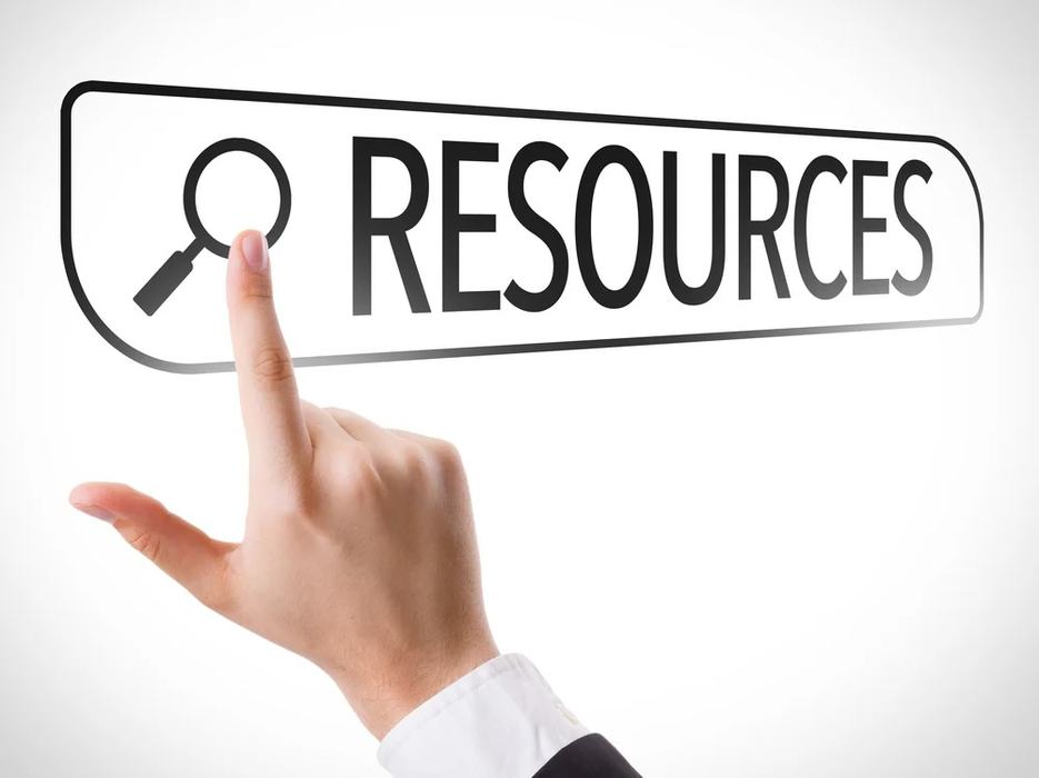 Hand pointing at magnifying-glass icon beside the text "RESOURCES"