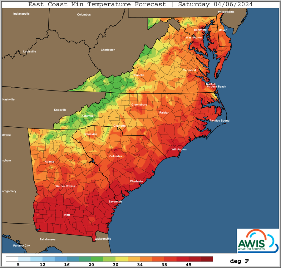 East Coast Min temperature Forecast Saturday 04/06/2024