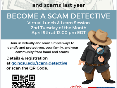 Become a Scam Detective virtual session April 9 at 12:00 pm EDT; QR code and detective cartoon