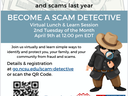Become a Scam Detective virtual session April 9 at 12:00 pm EDT; QR code and detective cartoon